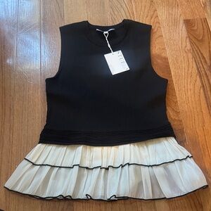 Studio Black Knit Sleeveless Top with Cream Pleated Ruffle Hem